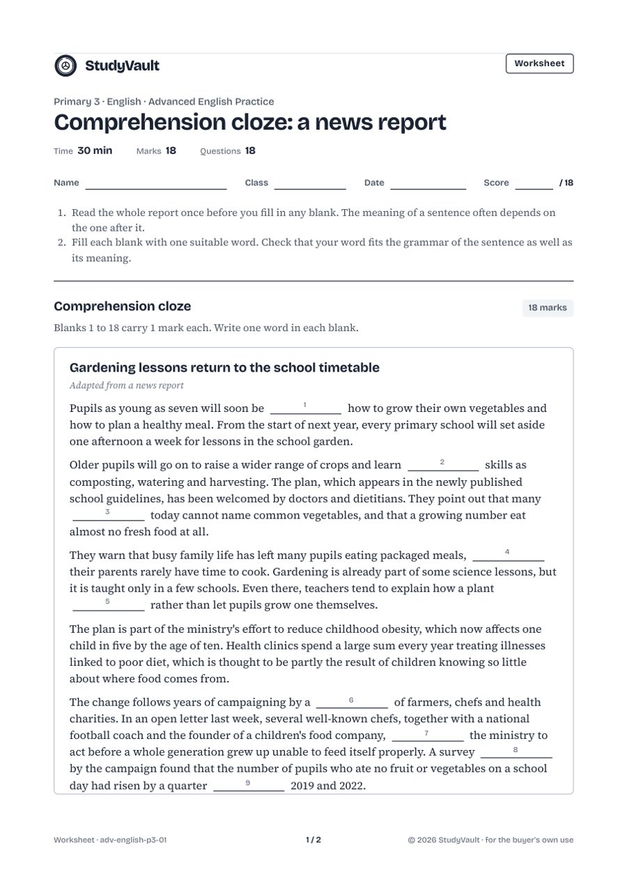 P3 Advanced English Practice: the first page of the worksheet