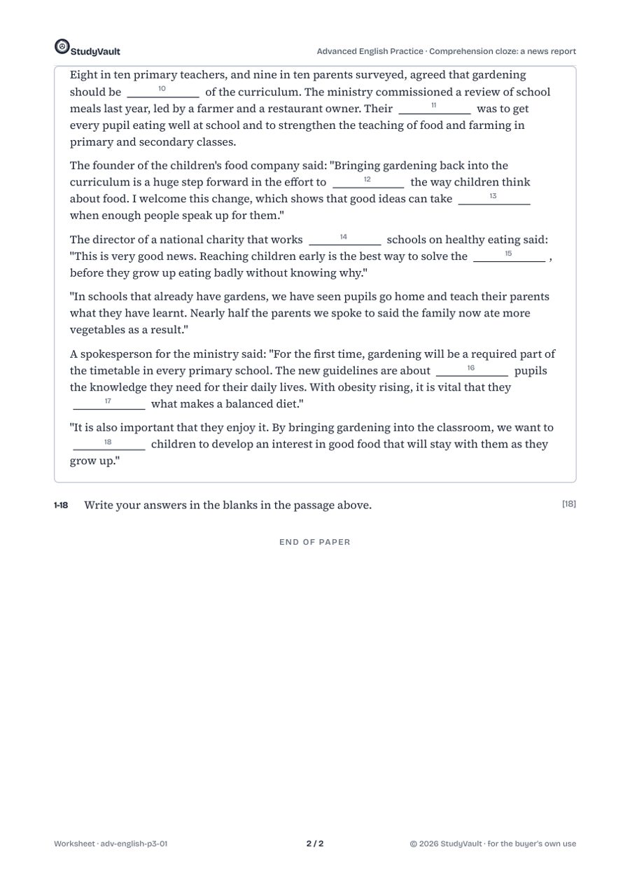 P3 Advanced English Practice: a later worksheet page