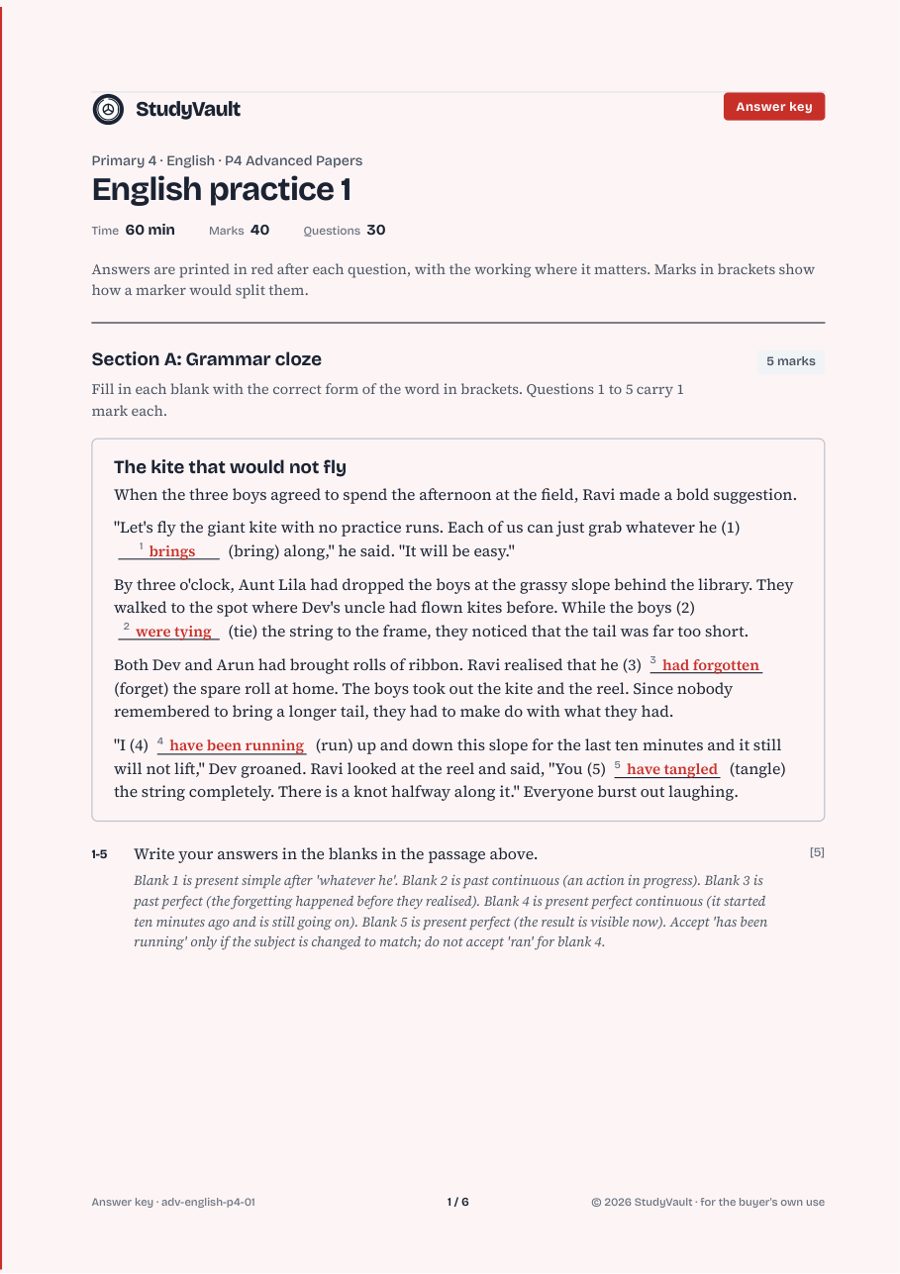 P4 Advanced Papers: the answer key with the marking in red