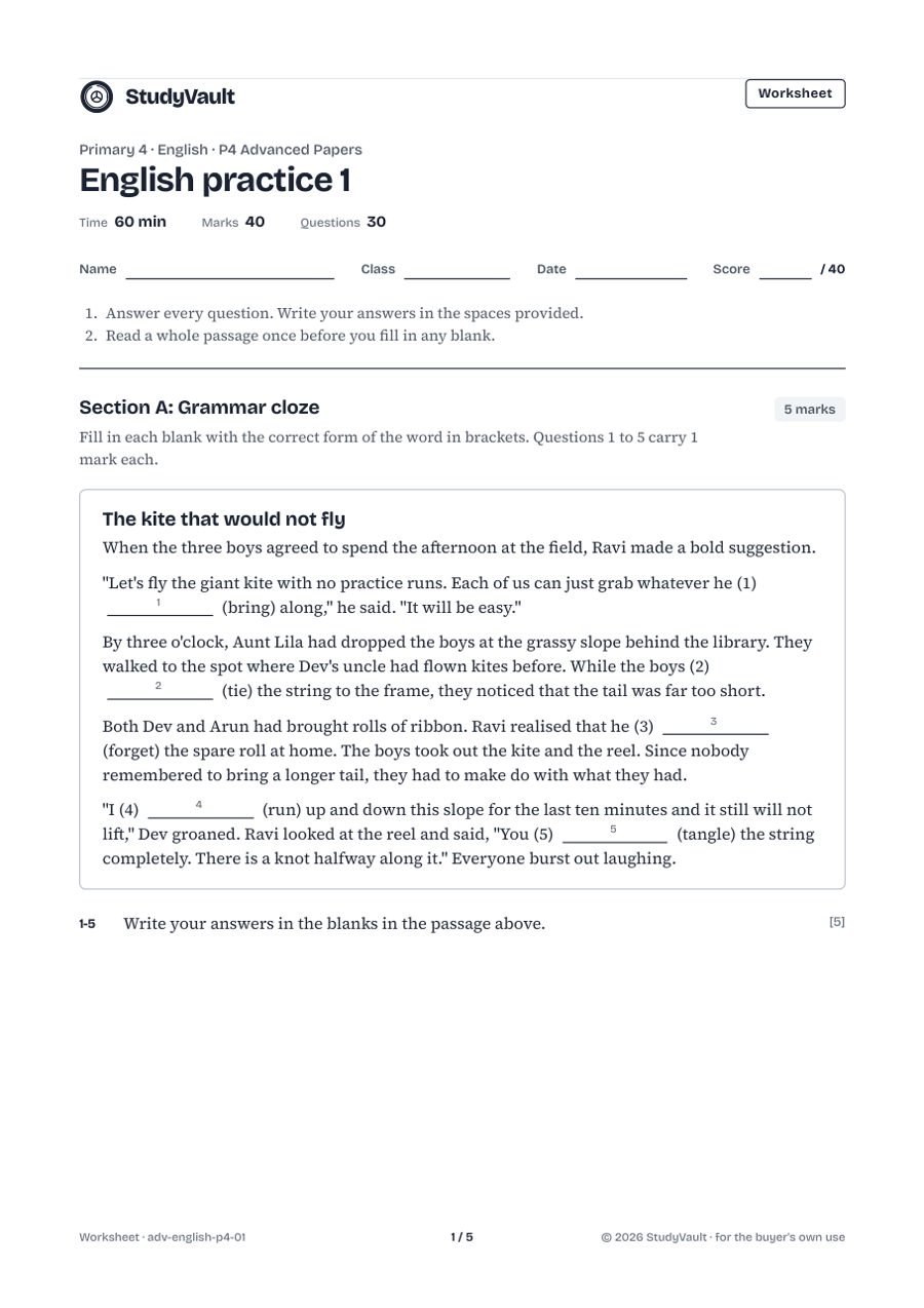 P4 Advanced Papers: the first page of the worksheet