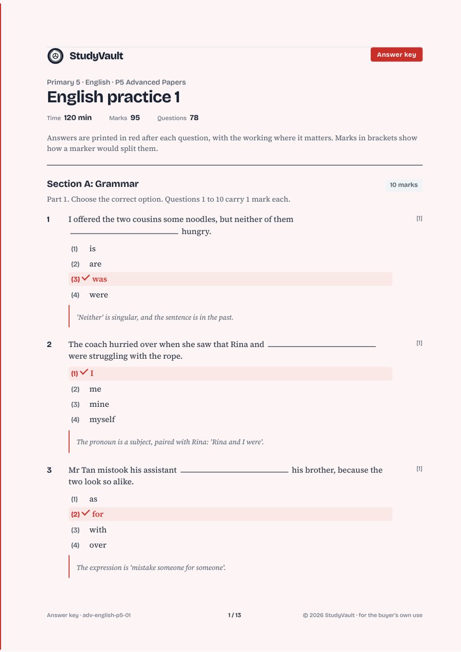P5 Advanced Papers: the answer key with the marking in red