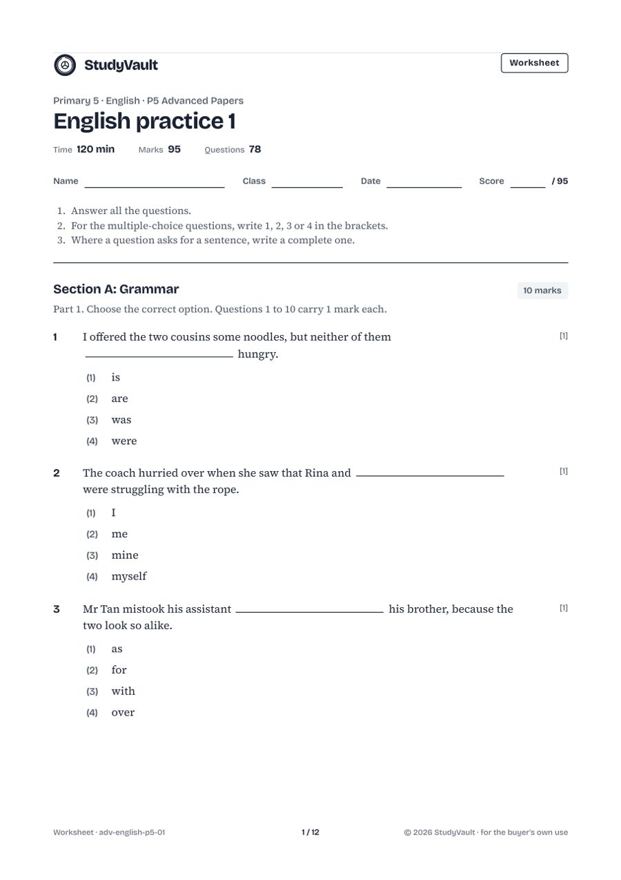 P5 Advanced Papers: the first page of the worksheet