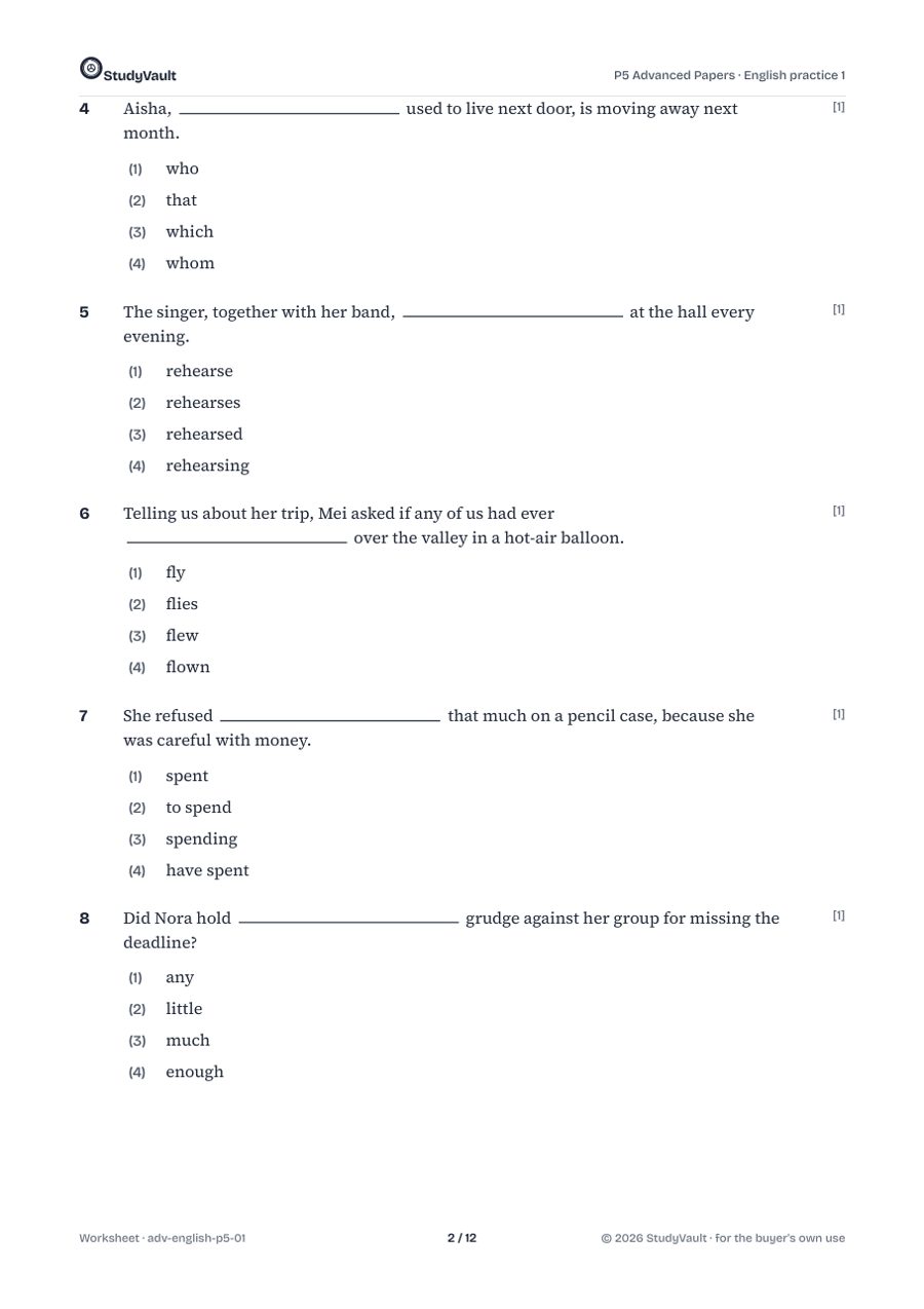 P5 Advanced Papers: a later worksheet page
