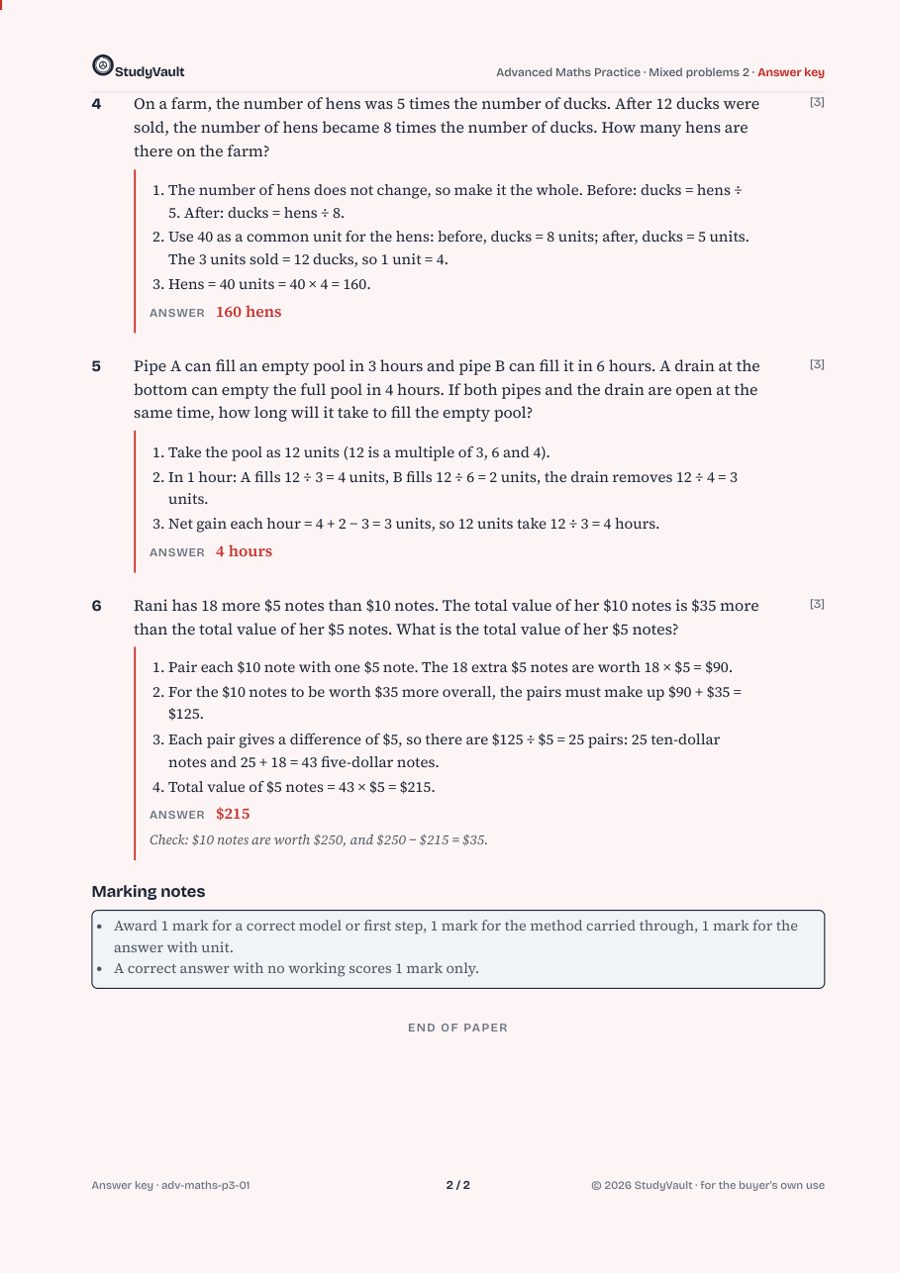 A page of a Primary 3 maths answer key, with the working and the answer marked in red