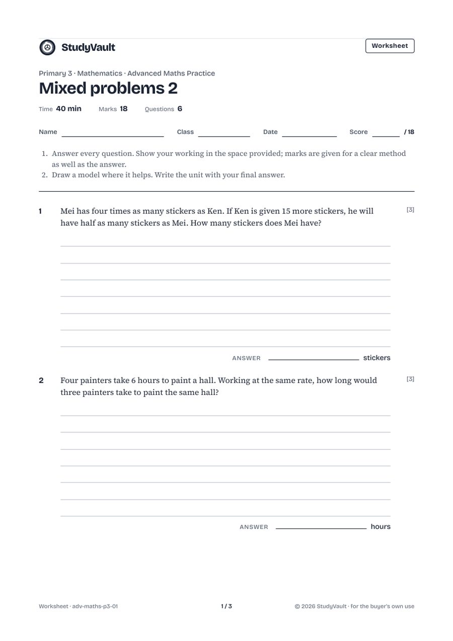 P3 Advanced Maths Practice: the first page of the worksheet