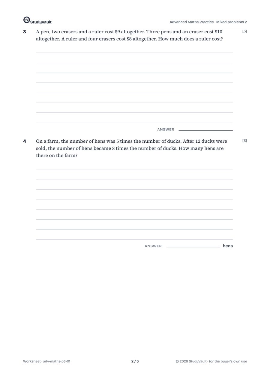 P3 Advanced Maths Practice: a later worksheet page