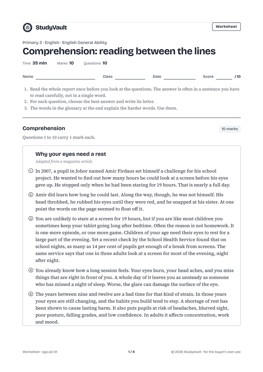 P3 English General Ability: the first page of the worksheet