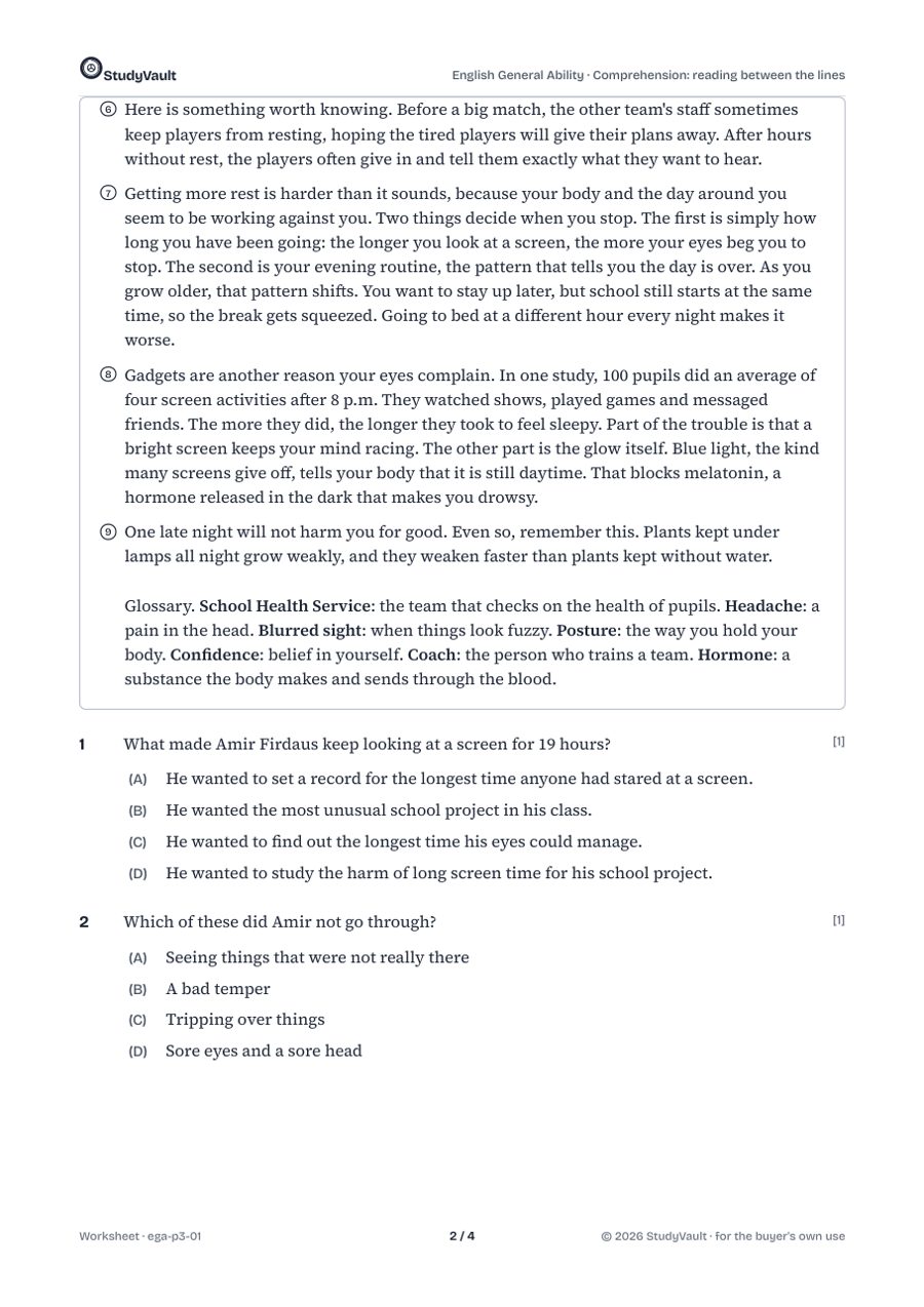 P3 English General Ability: a later worksheet page