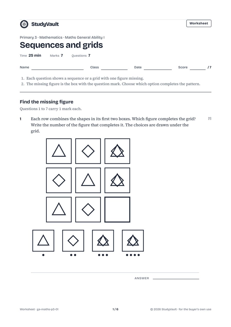 P3 Maths General Ability I: the first page of the worksheet
