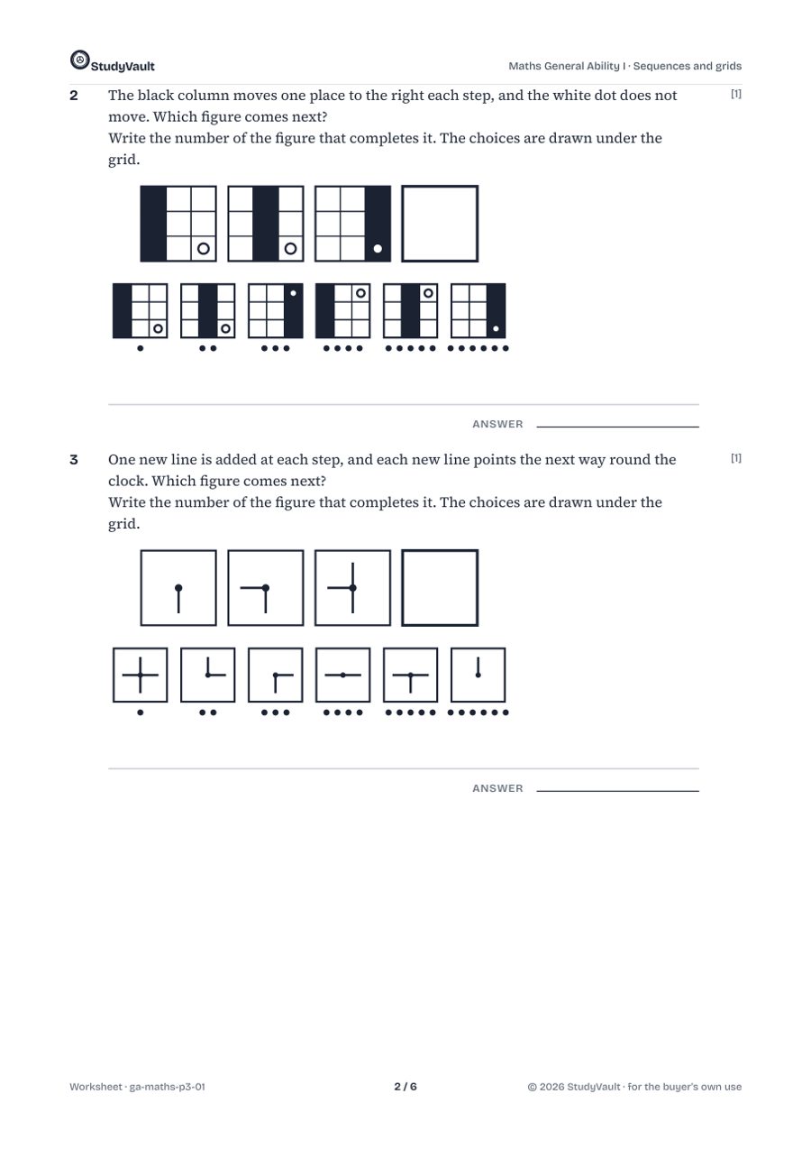 P3 Maths General Ability I: a later worksheet page