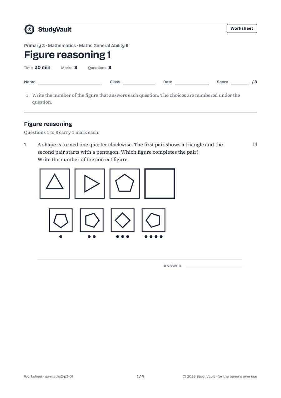 P3 Maths General Ability II: the first page of the worksheet