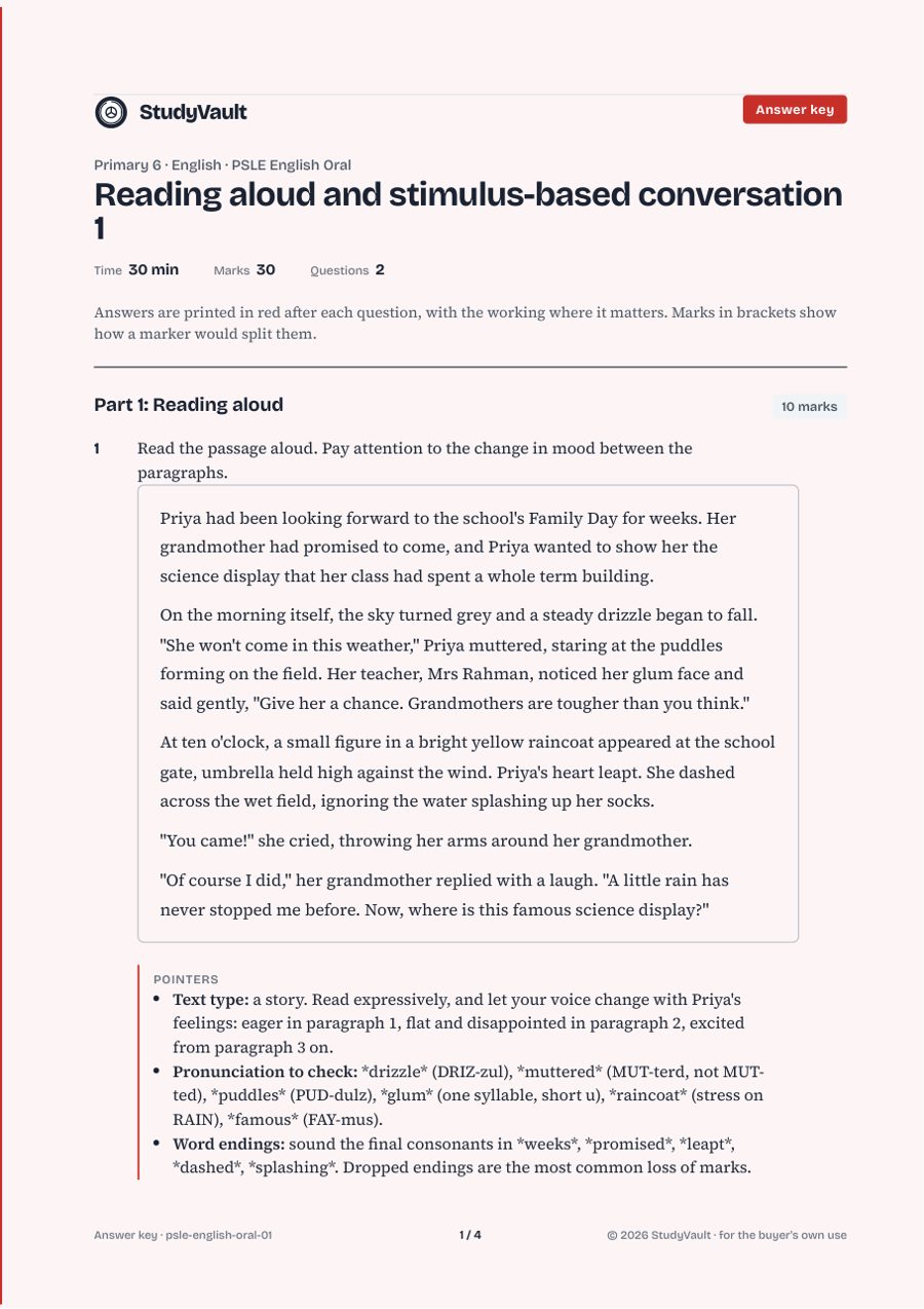 PSLE English Oral: the answer key with the marking in red