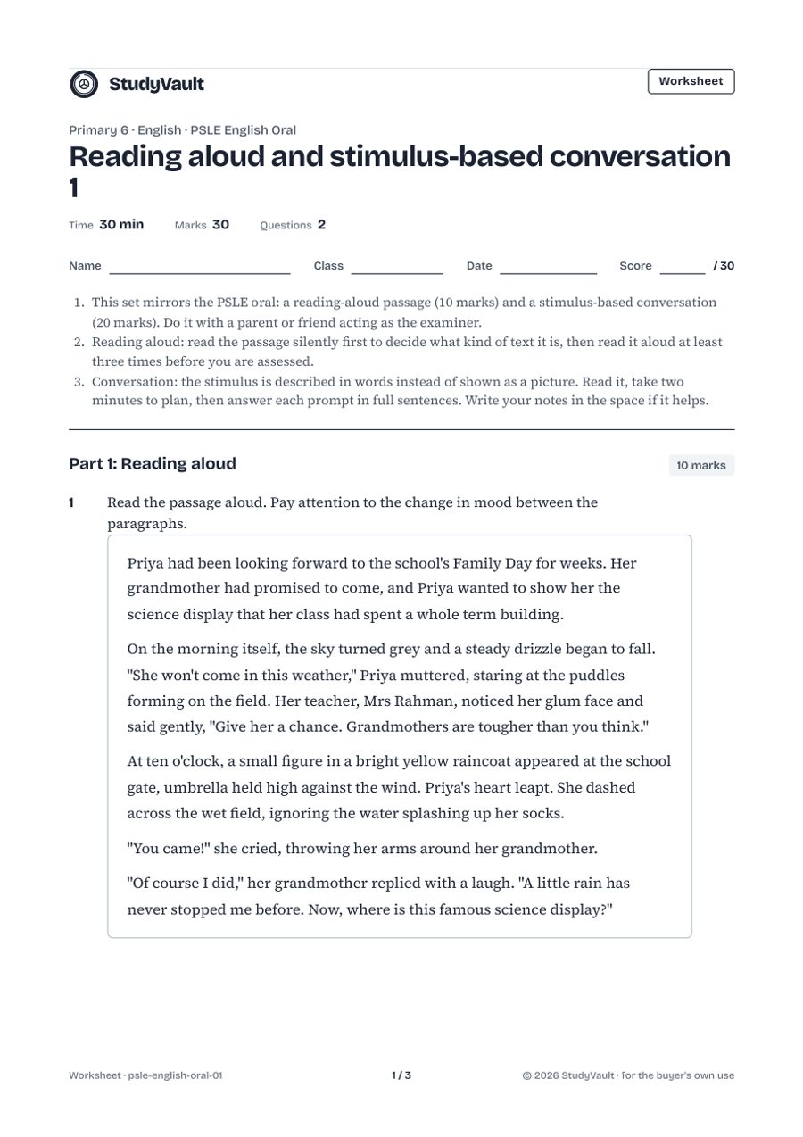 PSLE English Oral: the first page of the worksheet