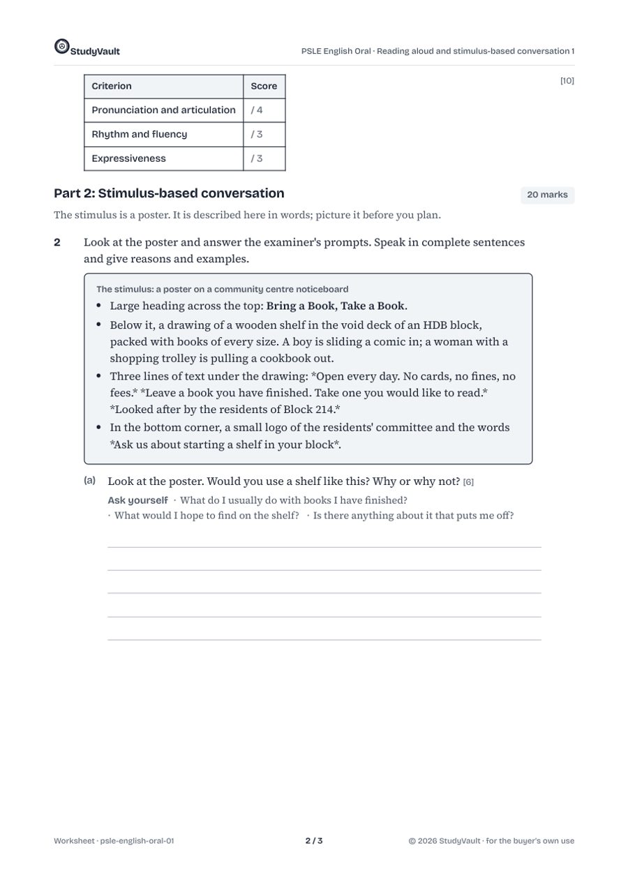 PSLE English Oral: a later worksheet page